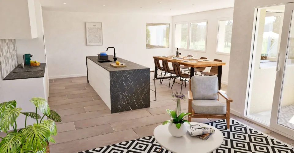 Magnifique appartement neuf de 4½ au rez supérieur avec 2 balcons, jardin privatif et vue dégagée