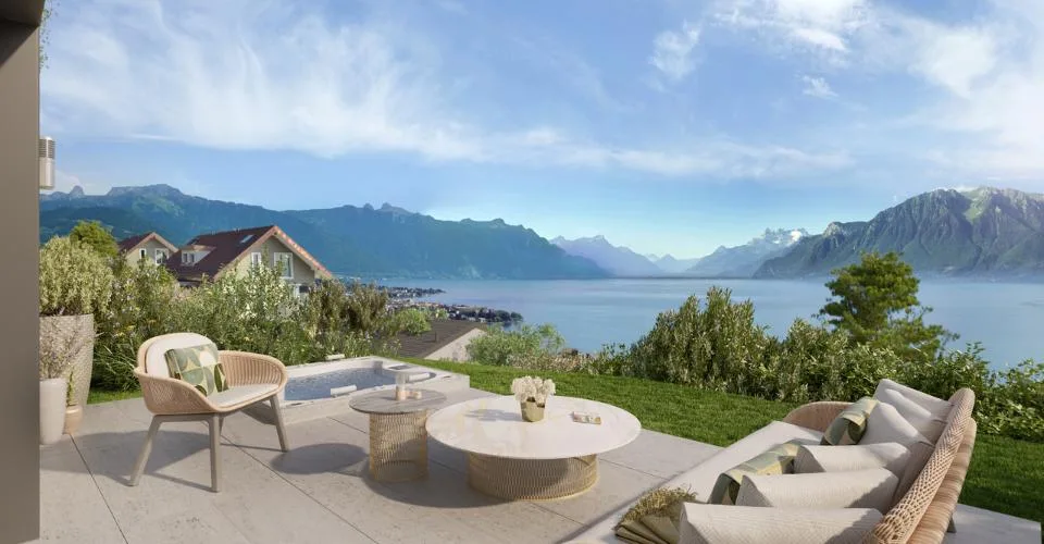 A quelques pas du lac Léman, villa mitoyenne de standing, vue panoramique