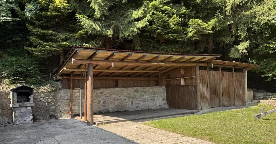 Chalet en rondins d'épicéa dans un écrin de verdure, avec vue sur la plaine du Rhône