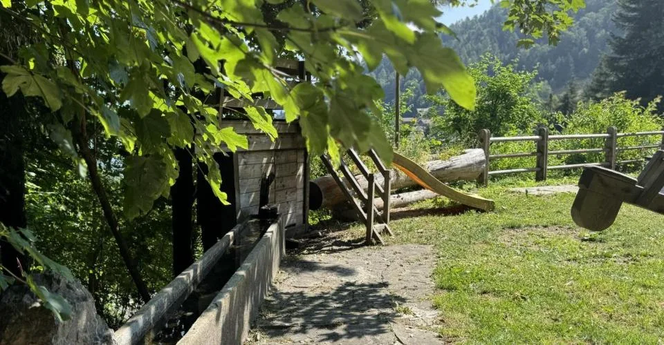 Chalet en rondins d'épicéa dans un écrin de verdure, avec vue sur la plaine du Rhône