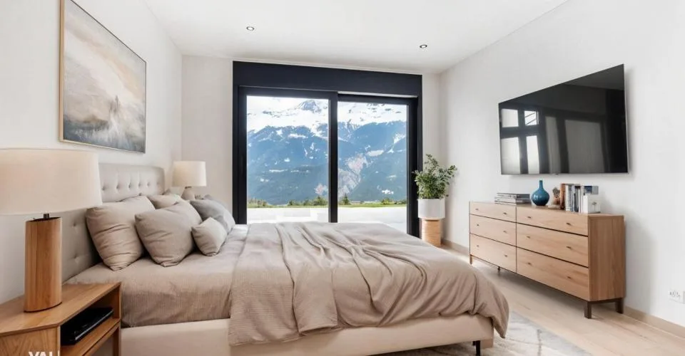 Architecture moderne et vue imprenable sur les Alpes valaisannes