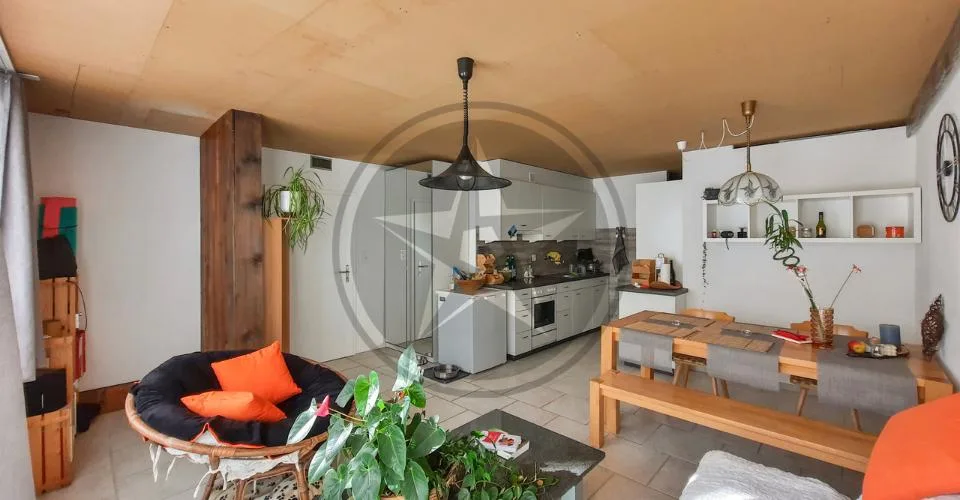 Ferme mitoyenne rénovée avec logements, grange et terrain à bâtir