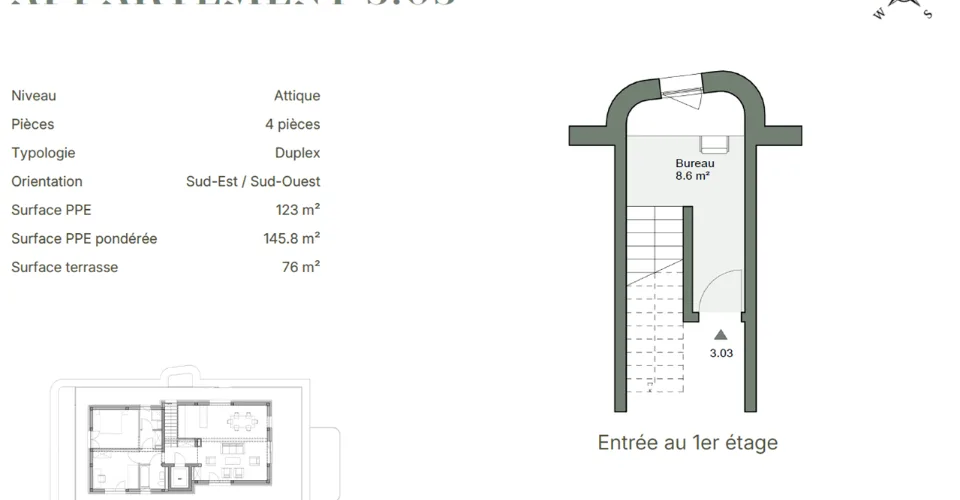 Appartement 4 pièces en attique avec terrasse de 76 m²