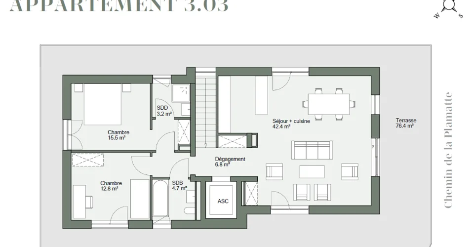 Appartement 4 pièces en attique avec terrasse de 76 m²