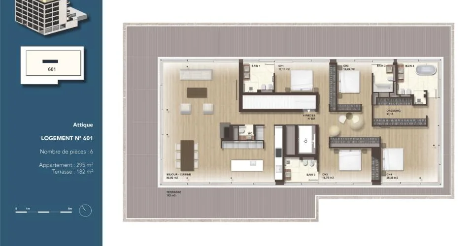 Exceptionnel attique neuf de 295 m2 avec terrasse de 182 m2 aux Eaux-Vives