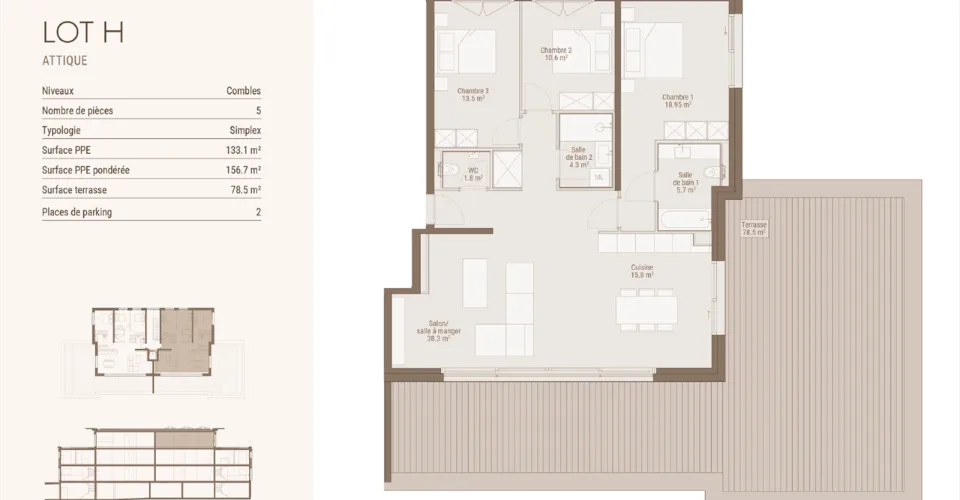 5 pièces en attique avec terrasse de 78 m²