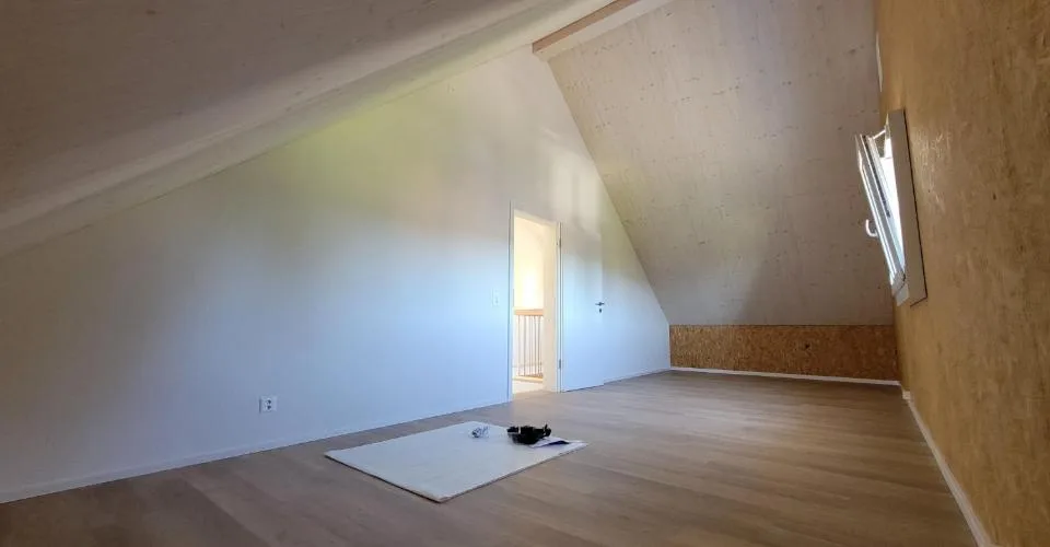 Plafonds hauts dans le salon, grenier moderne rénové en 2024 et expansion élégante