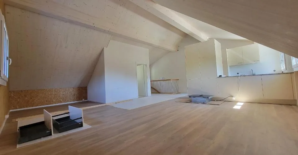 Plafonds hauts dans le salon, grenier moderne rénové en 2024 et expansion élégante