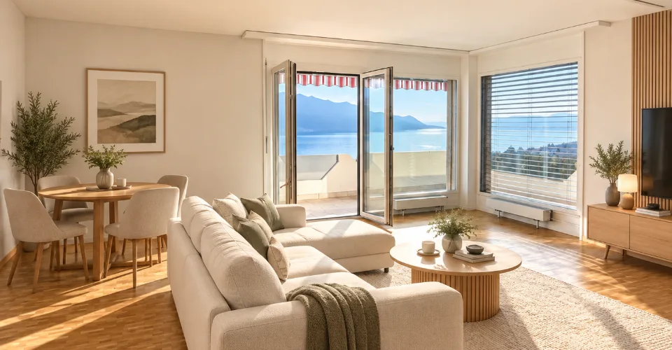 MAGNIFIQUE 2.5 PIÈCES ENTIÈREMENT RÉNOVÉ – VUE PANORAMIQUE LAC & MONTAGNES – TERRASSE & JARDIN – foto 3 di 3