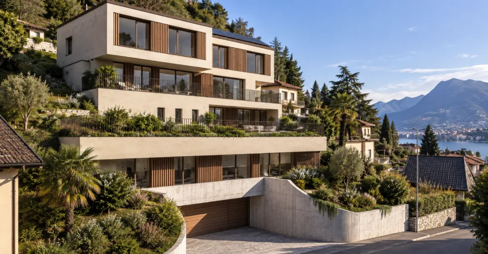 Bissone : terrain avec vue sur le lac et projet pour une résidence jumelée exclusive – Foto 4 von 12