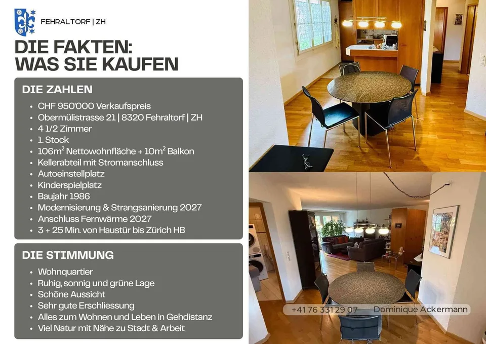 Preiswerte 4½-Zim-Wohnung – 3‘ Bahnhof, 25‘ Zürich+Modernisierung 2027