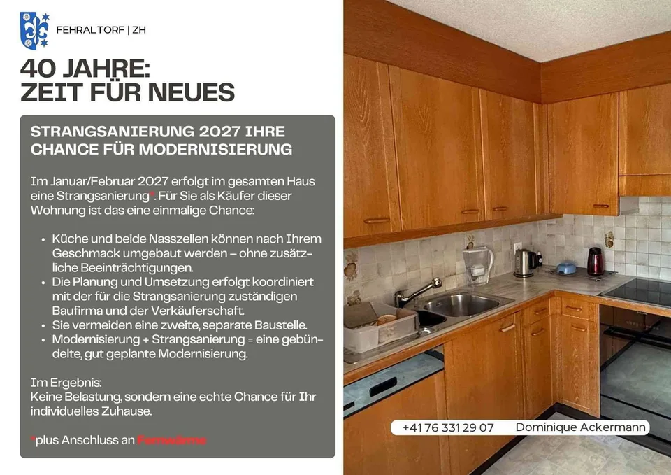 Preiswerte 4½-Zim-Wohnung – 3‘ Bahnhof, 25‘ Zürich+Modernisierung 2027