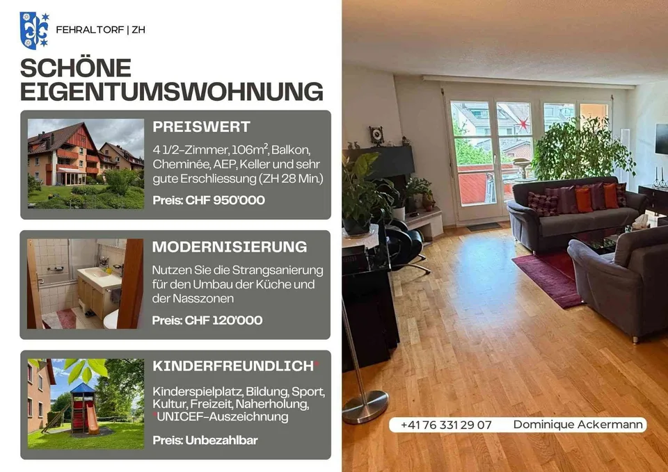 Preiswerte 4½-Zim-Wohnung – 3‘ Bahnhof, 25‘ Zürich+Modernisierung 2027