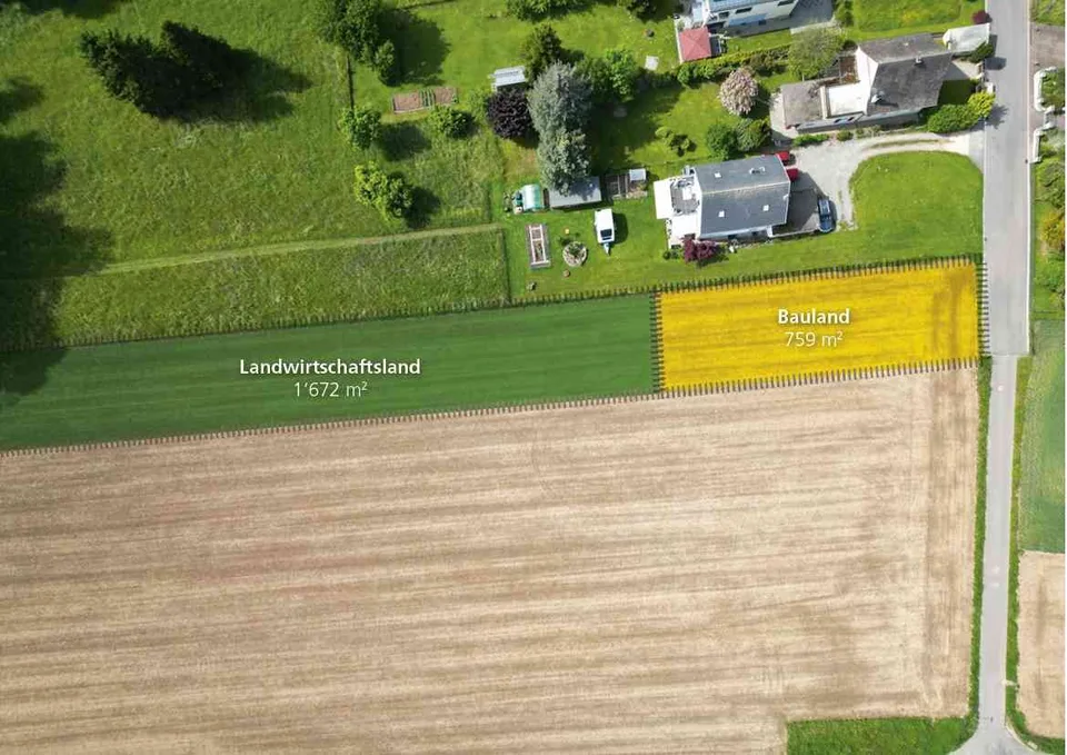 Exklusives Bauland (759 m2, Bauzonenrand) + 1’672 m2 Landwirtschaftl.