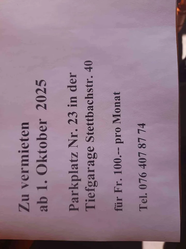 Parkplatz in der Tiefgarage zu vermieten