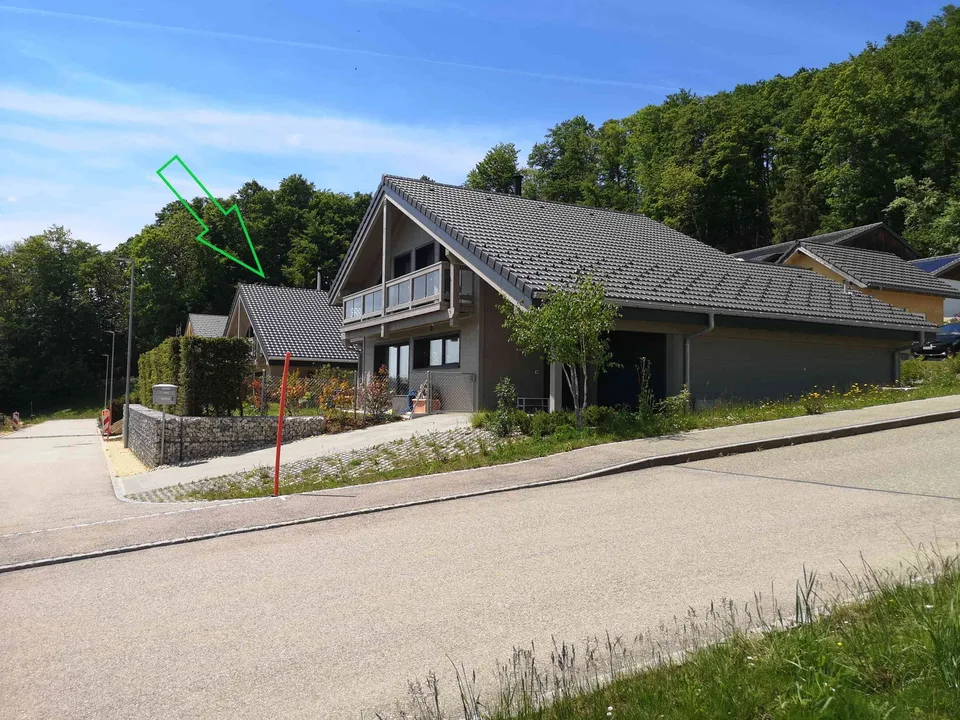 Maison moderne en madrier massif avec balcon, garage, terrasse