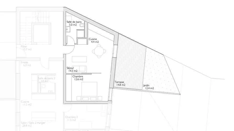 Bel appartement 2 pièces avec terrasse, jardin, cadre verdoyant.
