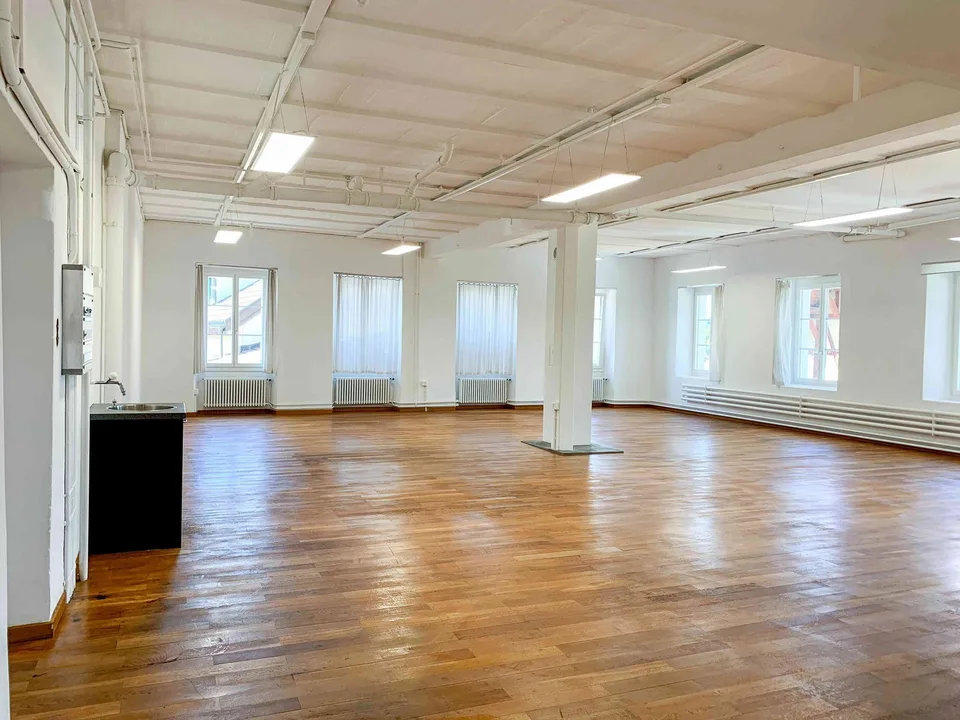 Grosses Büro/Atelier in Industrielook und Aussicht