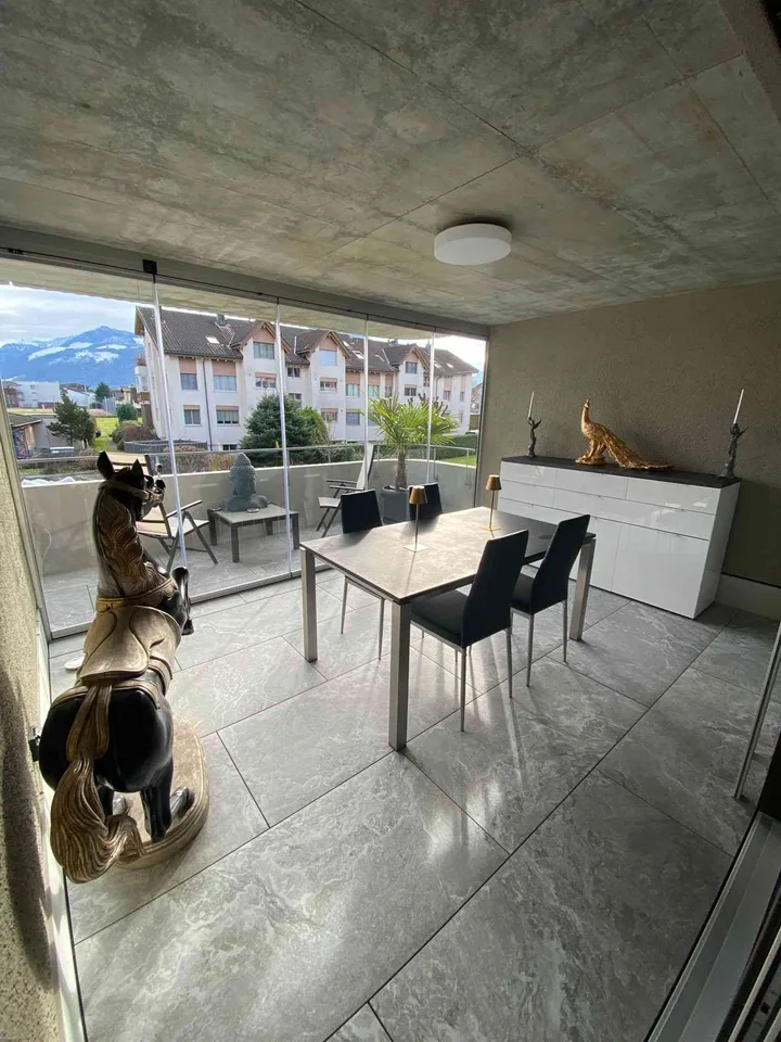 Moderne 2.5-Zimmer-Wohnung mit grosser verglaster Terrasse in Wangen