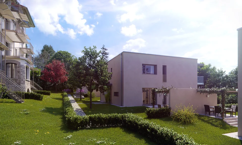Moderne Reihenhaus-Villa in einem großen parkartigen Garten