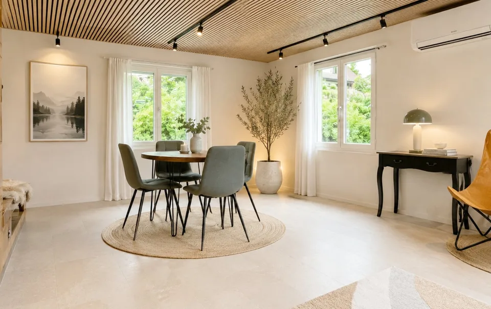 Casa unifamiliare climatizzata con ampio ambiente, casetta da giardino e garage, in una posizione tranquilla a Niederlenz