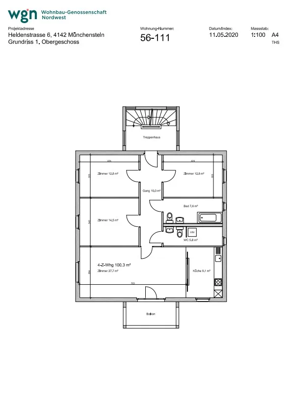 4-Zimmerwohnung, 100.6 m2, 1.OG, in Münchenstein Nähe Gartenstadt