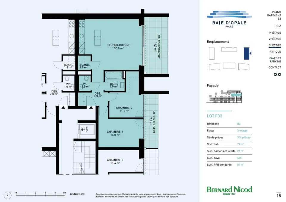 Bel appartement de 3.5 pièces au 3? étage  Balcons couverts, orientation Est  Rolle