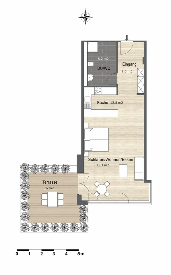 Cool modern 1.5-room apartment with garden terrace