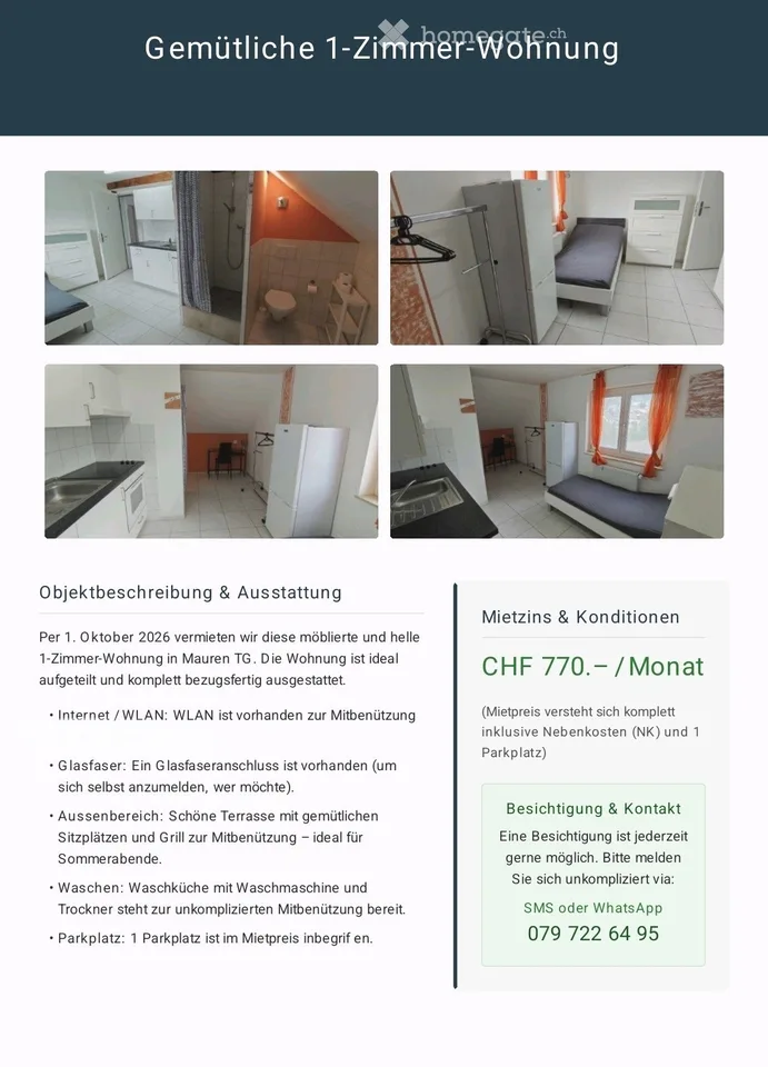 Ab 1,10 , 26 FREI Möblierte 1 Zimmer Wohnung in Mauren