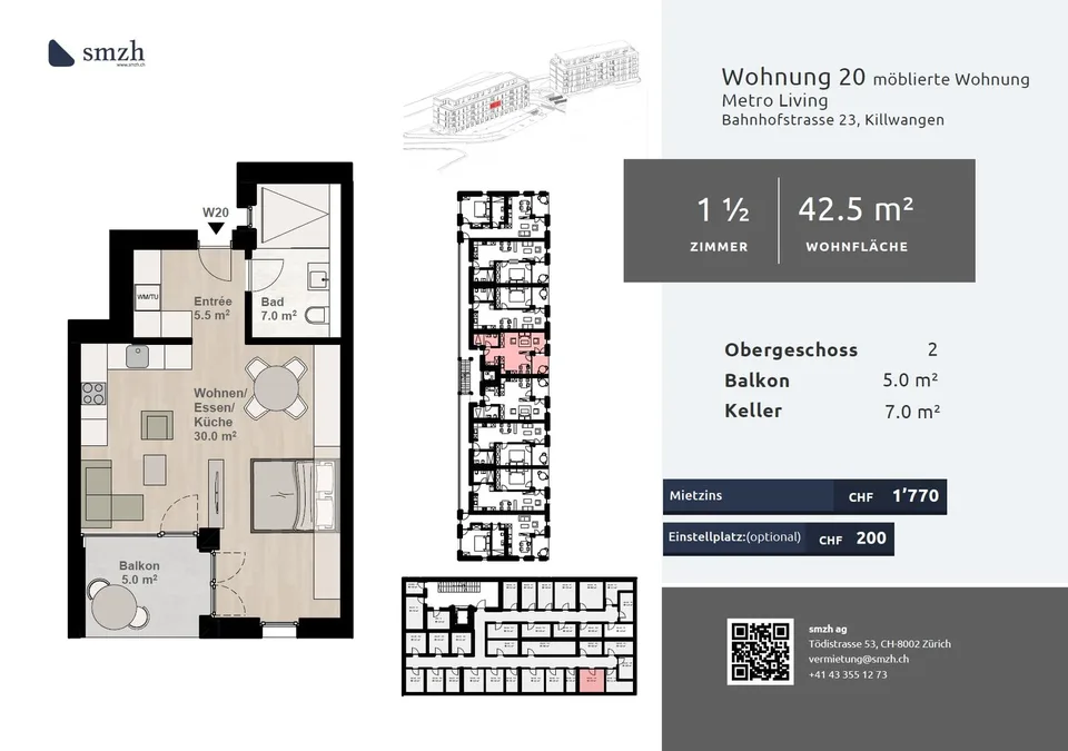 1.5-Zi.-Wohnung möbliert mit Balkon - urban wohnen in Killwangen