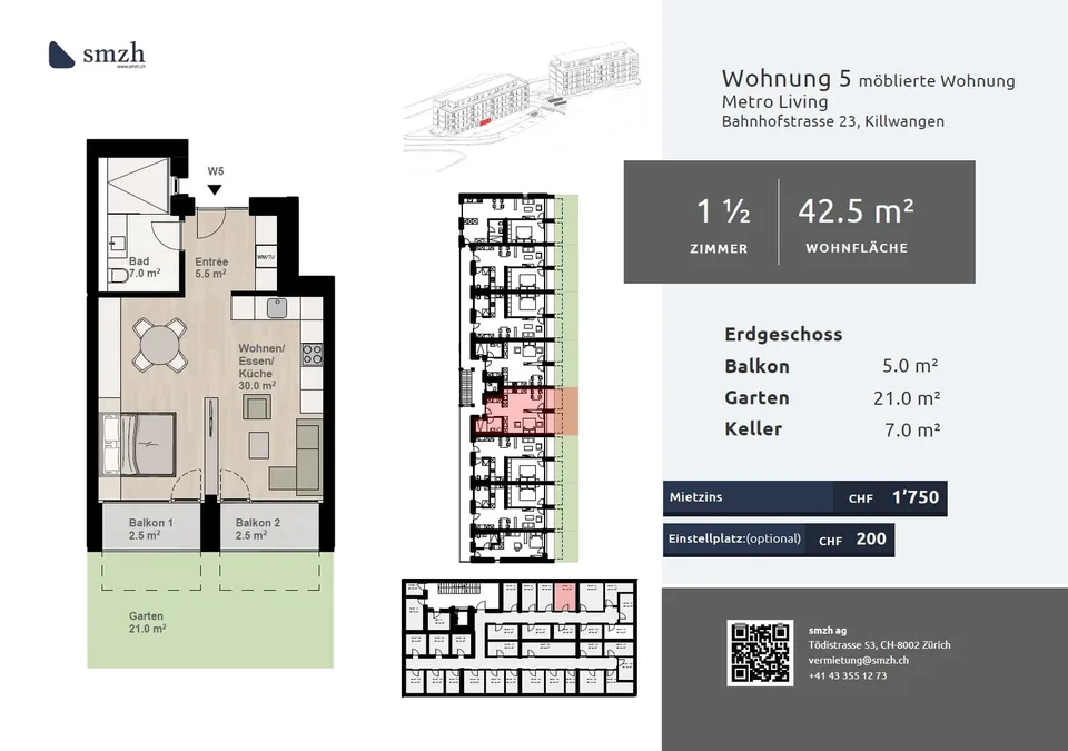 1.5-Zimmer-Gartenwohnung, Minergie, direkt am Bahnhof Killwangen