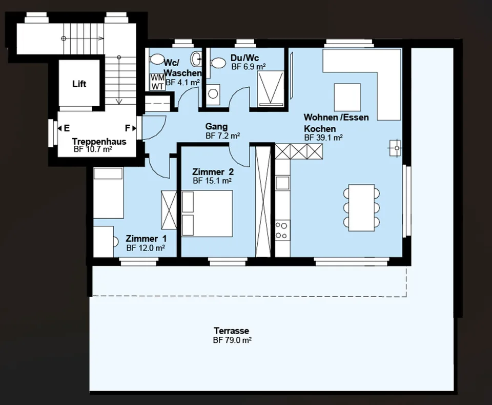 Appartamento in attico 3.5 locali (F), 84m2 di superficie abitabile netta, 79m2 di terrazza