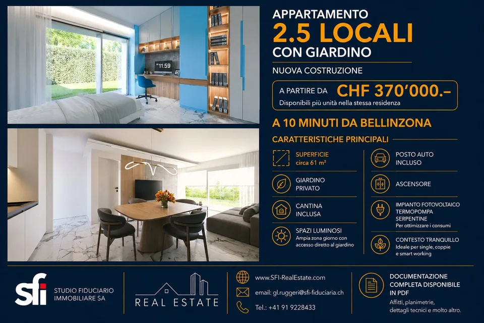 2,5 pièces nouvel appartement avec jardin, à 10 minutes de Bellinzona