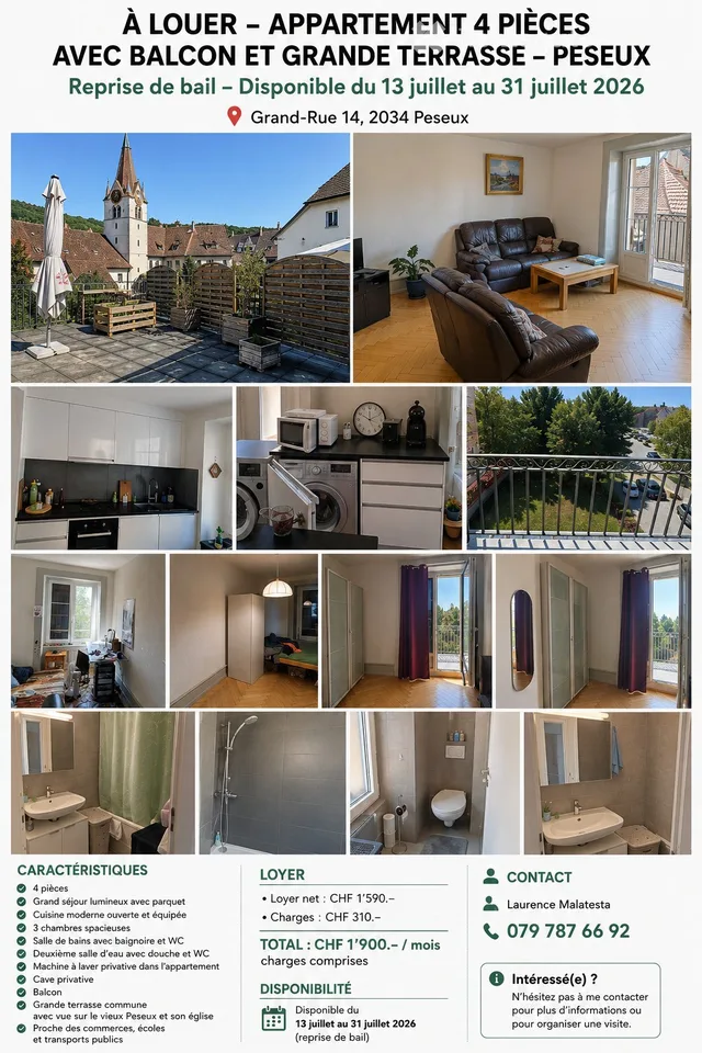 Appartement 4 pièces avec balcon et grande terrasse  Peseux