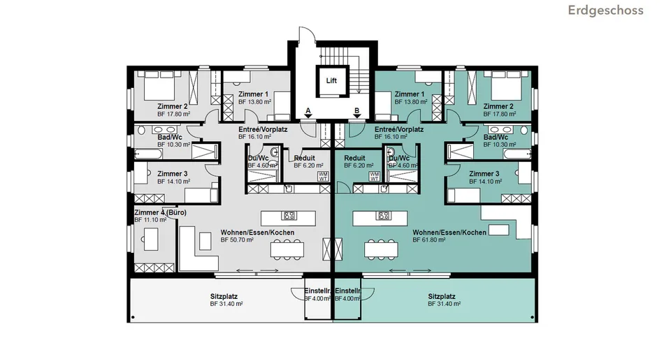 Appartamento di 5,5 locali (A) al piano terra, con 144 m2 di superficie abitabile netta e 31,4m2 di terrazza