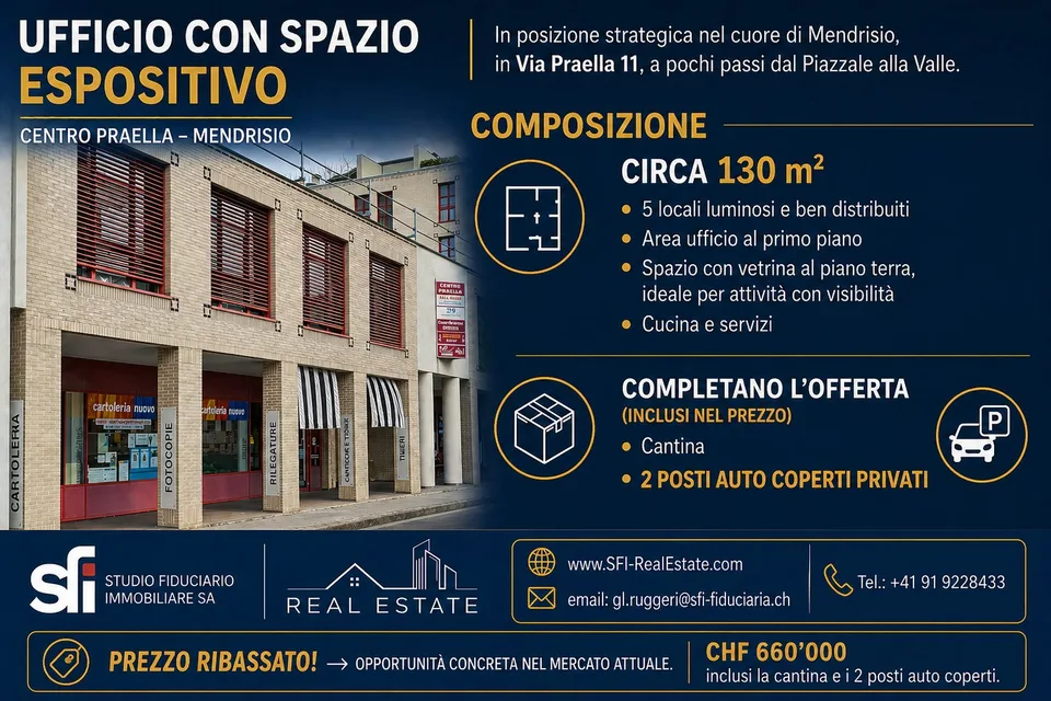 Bureau avec vitrine + 2 places de parking | Centre Mendrisio