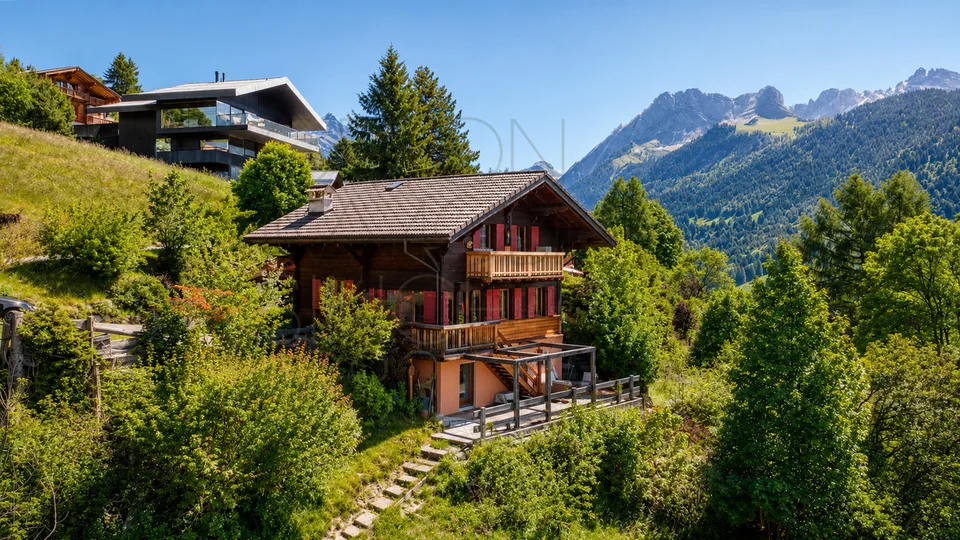 Chalet à Gryon avec studio indépendant, vue sur les montagnes.
