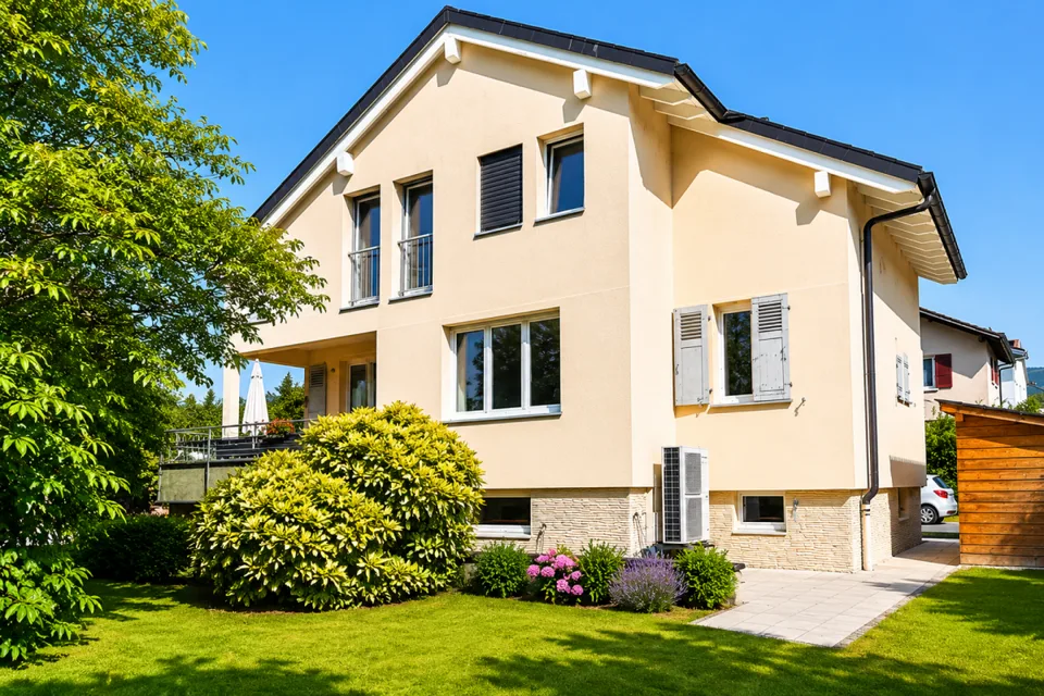 Splendida villa indipendente con 2 unità abitative e un ampio locale disponibile adibito a monolocale, nelle immediate vicinanze del centro di Yverdon, con un ampio giardino ricco di alberi e fiori