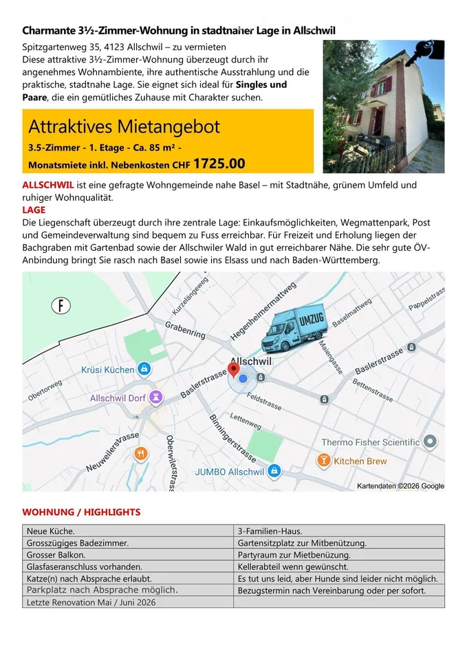 Charmante 3 1/5 Zimmer Wohnung in Allschwil