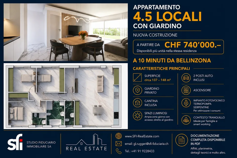 4,5 Lokale neue Wohnung mit Garten, 10 Minuten von Bellinzona