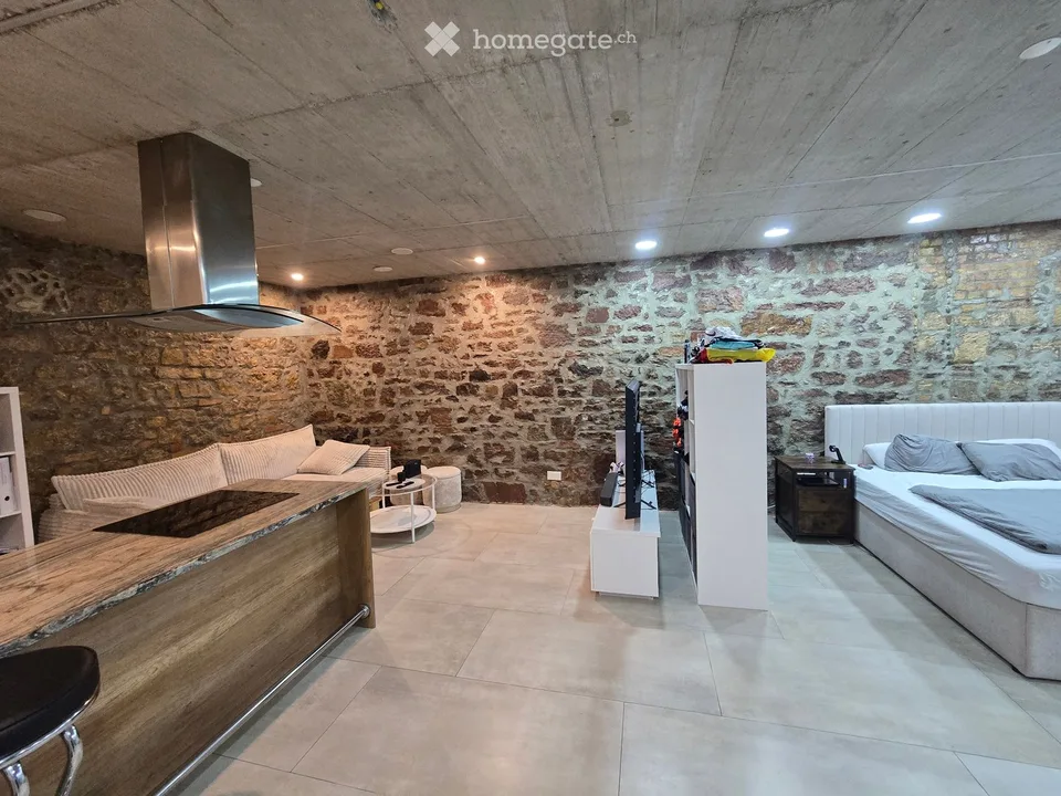 Moderne 1.5-Zimmer-Loft mit Natursteinwänden & Kochinsel