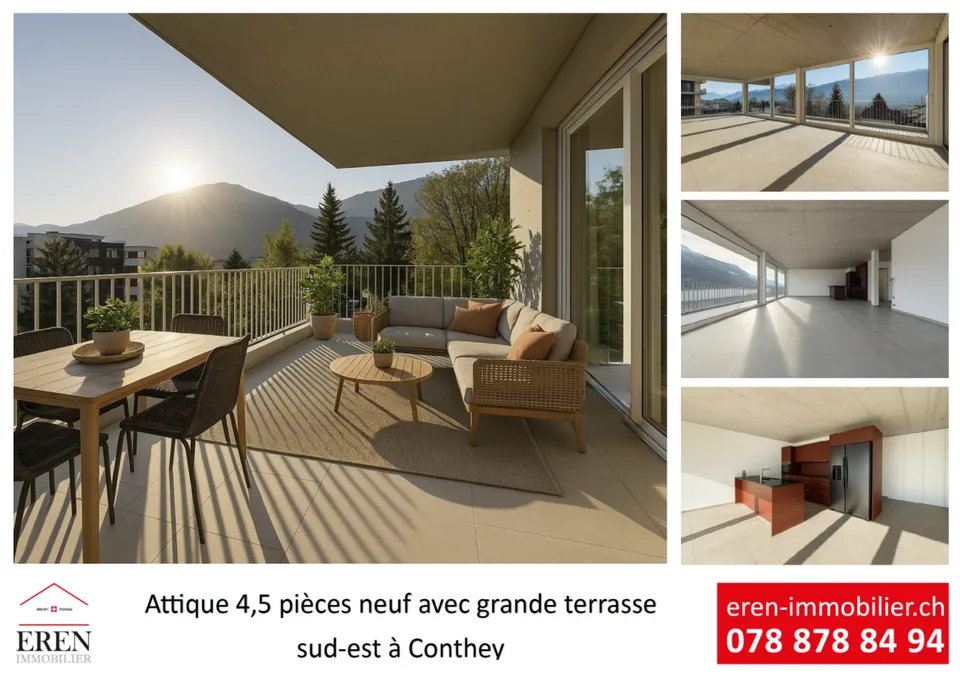 Magnifique attique 4.5 pièces neuf avec grande terrasse panoramique à Conthey lumineux et moderne