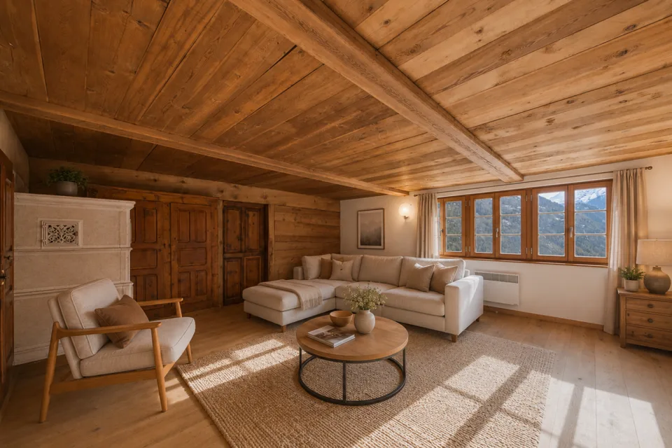 Camino, stufa in maiolica e vista sulla montagna - appartamento di 3,5 locali in stile chalet a Törbel
