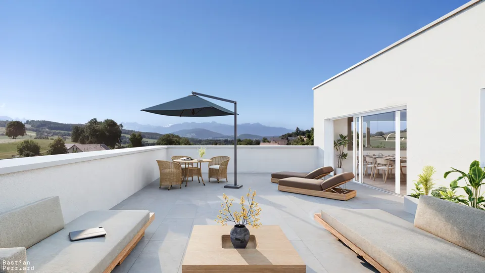 5.5 pces neuf de 131m2, terrasse Sud-Est de 95m2 , vue sur les Alpes