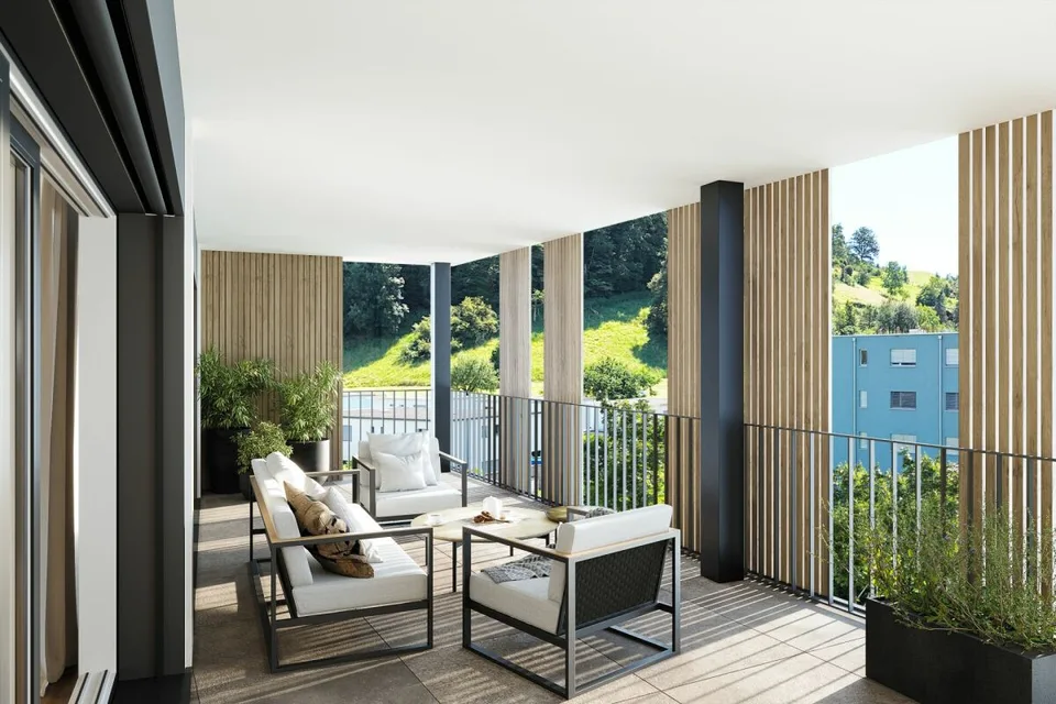 Last new building garden apartment: 3.5 rooms on 105 m2 with high quality and construction standard, as well as 26 m2 covered terrace and own garden share