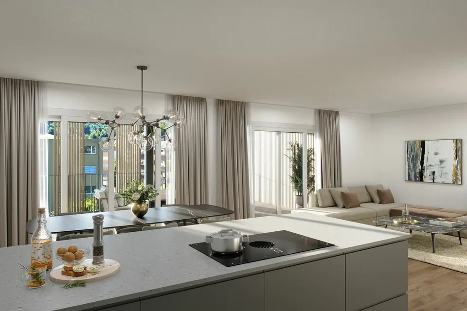 Last new building garden apartment: 3.5 rooms on 105 m2 with high quality and construction standard, as well as 26 m2 covered terrace and own garden share