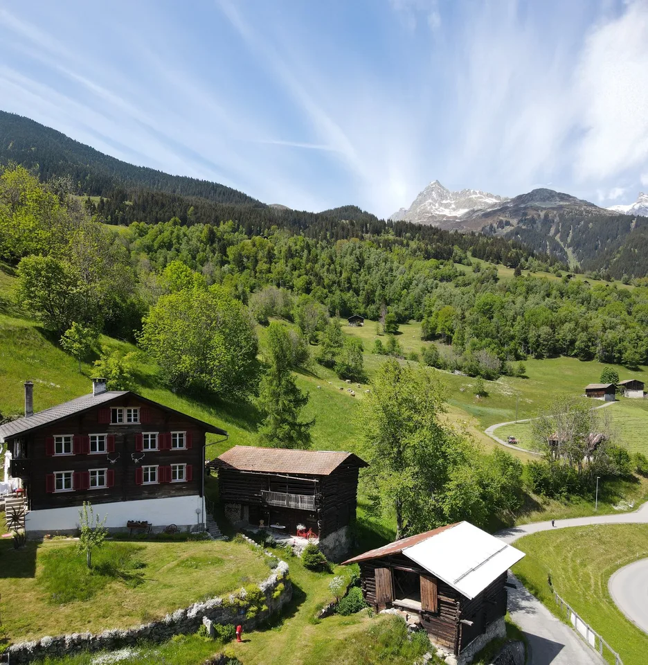 Bauernhaus mit zwei Stallbauten und Bergpanorama in Rabius