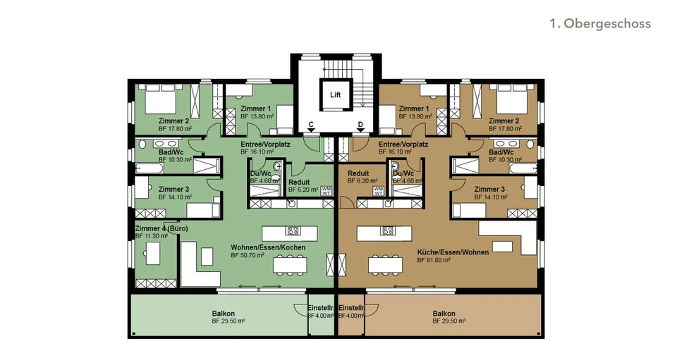4.5 Zimmer-Wohnung (D) im 1.OG, mit 144 m2 Netto-Wohnfläche und 29.5m2 Balkon