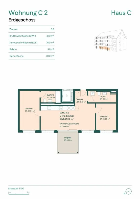 Appartement de jardin 3.5 pièces avec 60m2 d'espace de jardin – photo 6 sur 6