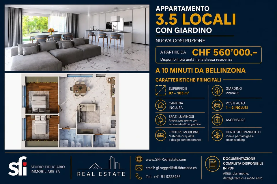 3.5 locali nuovi con giardino, a 10 minuti da Bellinzona